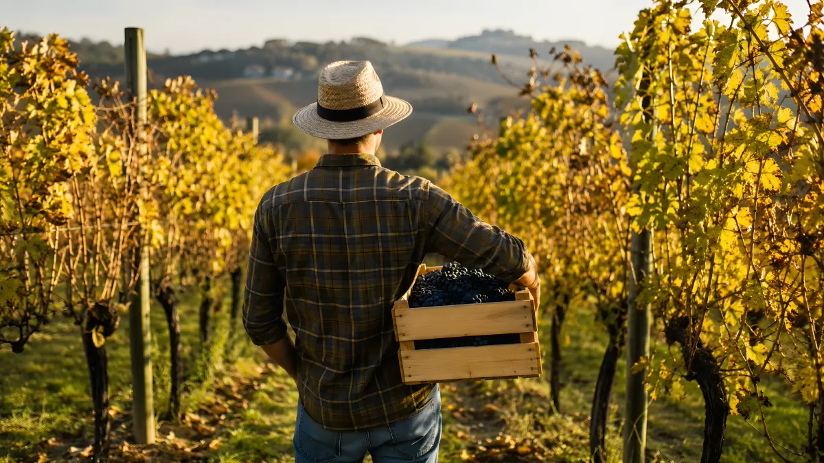 Winzer trägt Holzkiste mit Trauben durch Weinberg