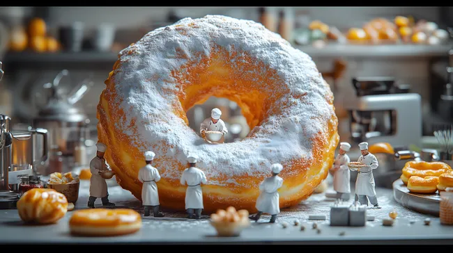 Winzige Bäcker dekorieren riesigen Donut mit Puderzucker