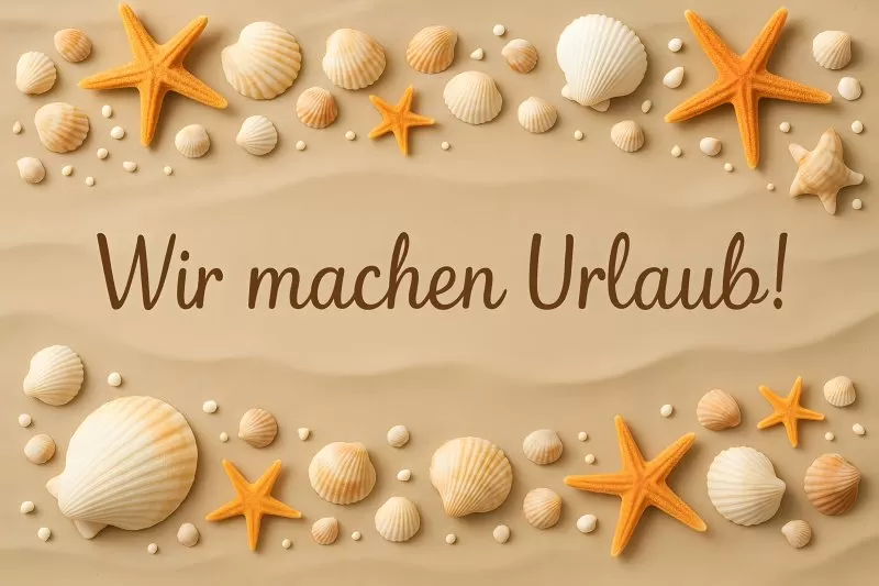 Wir machen Urlaub! Schild mit Muscheln und Seesternen am Sandstrand