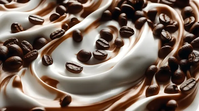 Wirbel aus Kaffeebohnen und Sahne in dynamischer Komposition