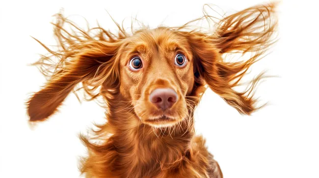 Wirbelnder, rotbrauner Hund mit großen Augen