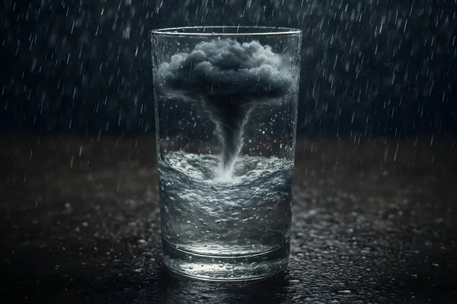 Wirbelsturm in einem Wasserglas bei starkem Regen