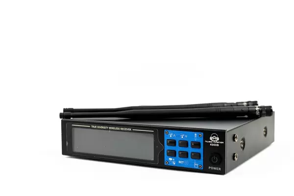 Wireless Receiver with Antennas for Vocal Microphone above white background