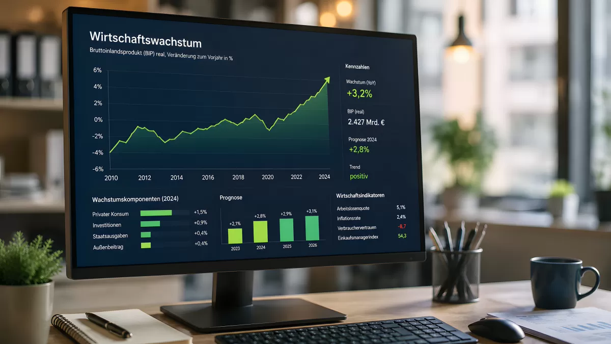 Wirtschaftswachstum-Dashboard auf Büro-Monitor
