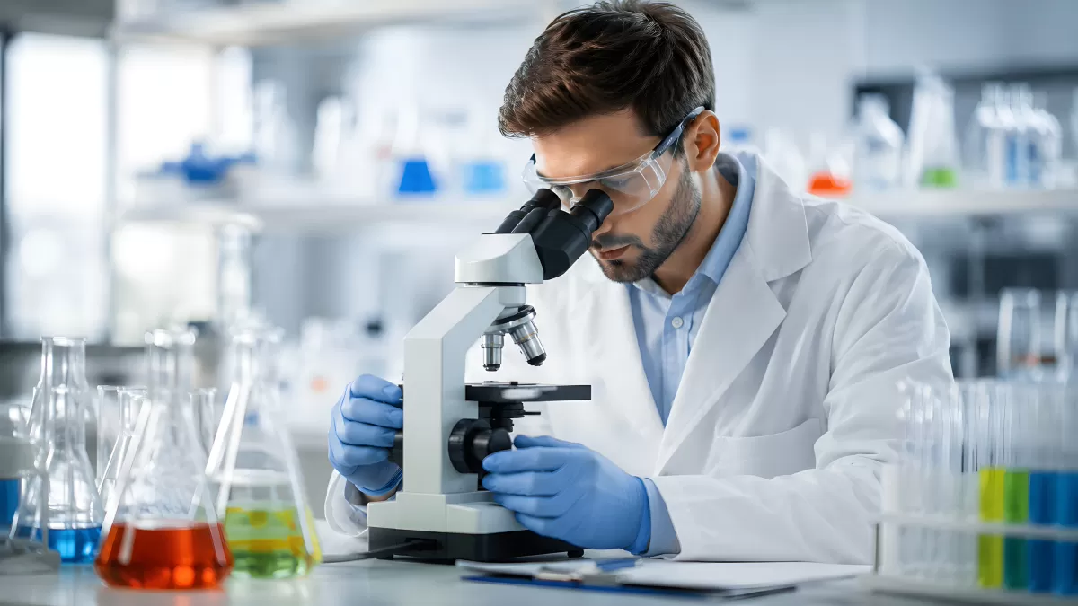 Wissenschaftler analysiert Probe unterm Mikroskop im Labor