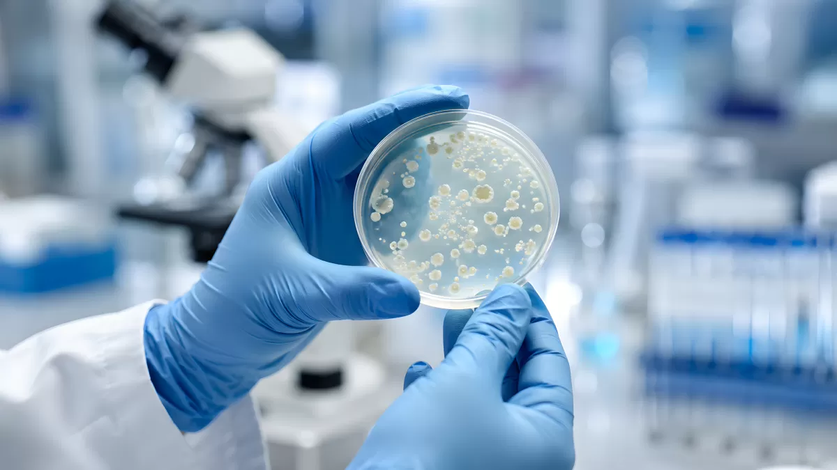 Wissenschaftler hält Petrischale mit Bakterienkulturen