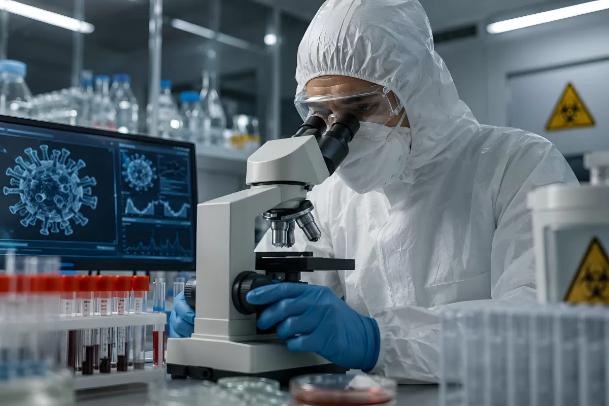 Wissenschaftler im Schutzanzug analysiert Proben im Labor