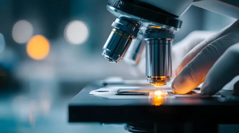 Wissenschaftler justiert Mikroskop im modernen Forschungslabor