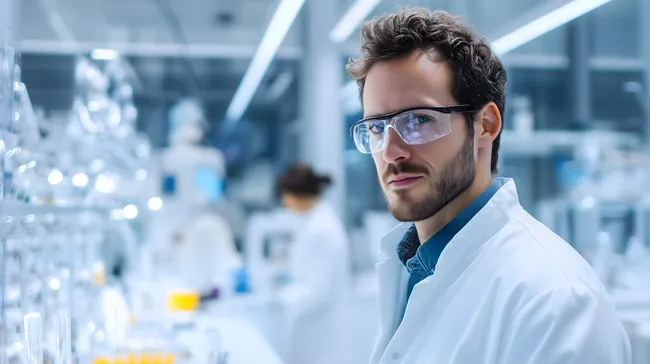 Wissenschaftler mit Schutzbrille und Kittel im modernen Labor