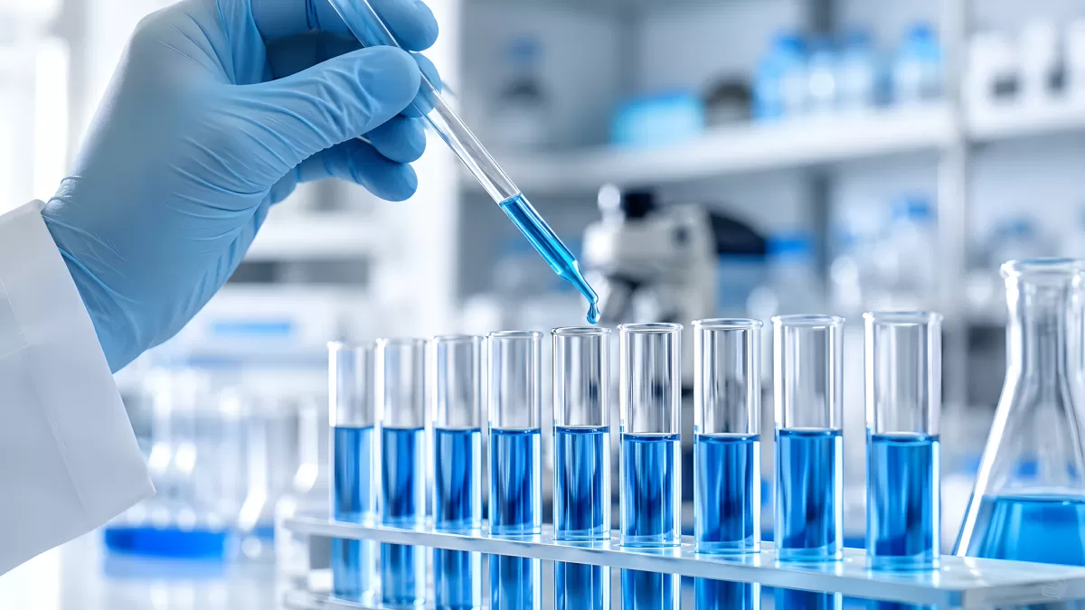 Wissenschaftler pipettiert blaue Flüssigkeit in Reagenzgläser
