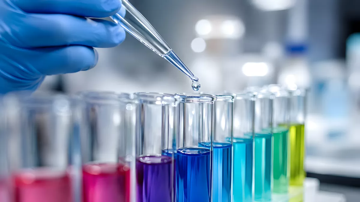 Wissenschaftler pipettiert bunte Flüssigkeiten in Reagenzgläser