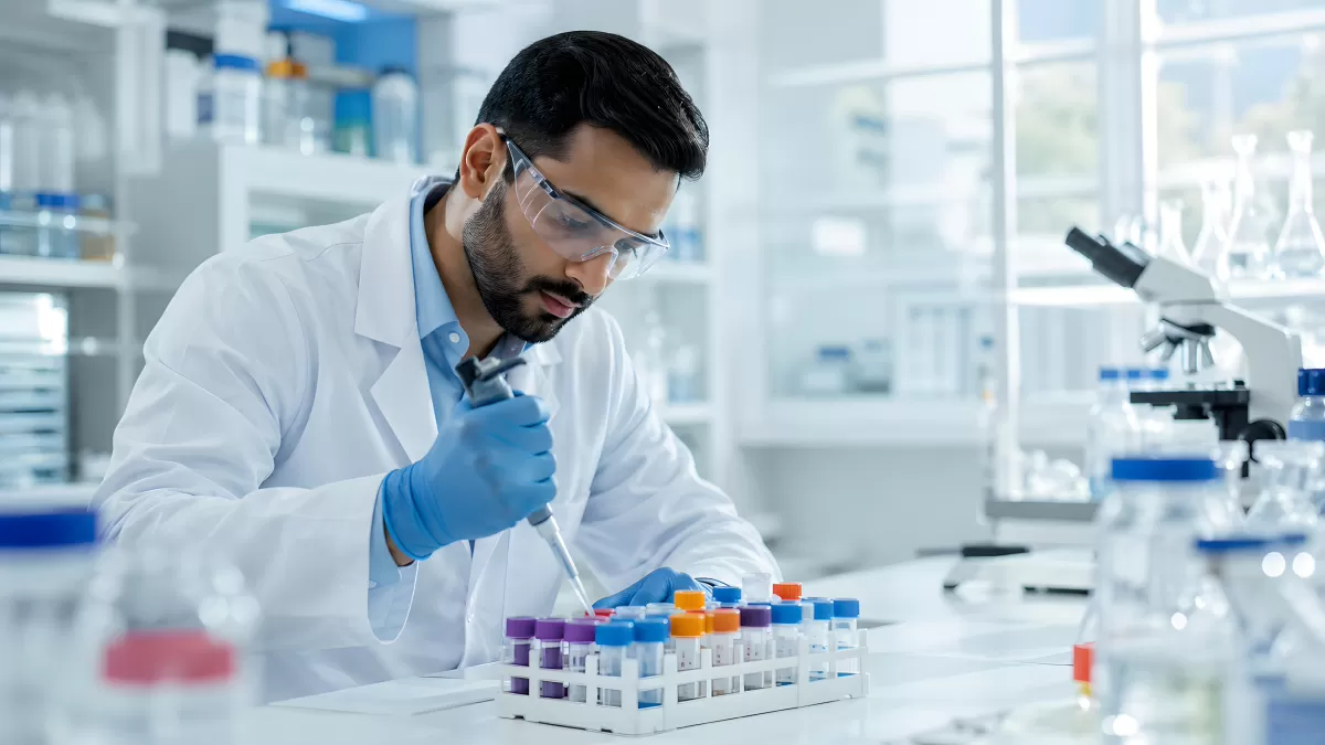 Wissenschaftler pipettiert Proben in modernem Labor