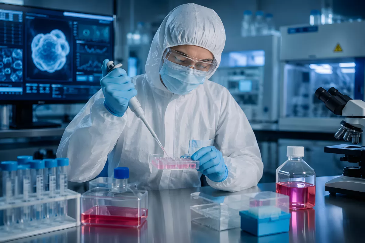 Wissenschaftler pipettiert Proben in Zellkulturplatte im Labor