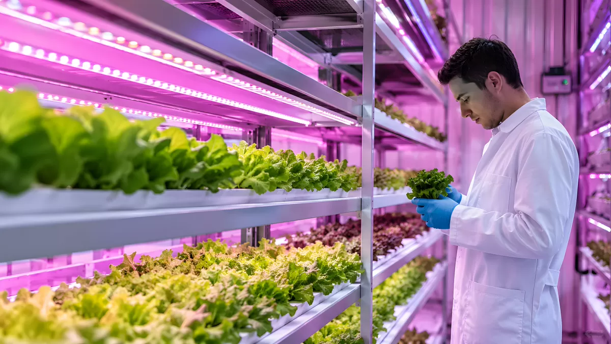 Wissenschaftler prüft Salat in moderner Vertical Farm