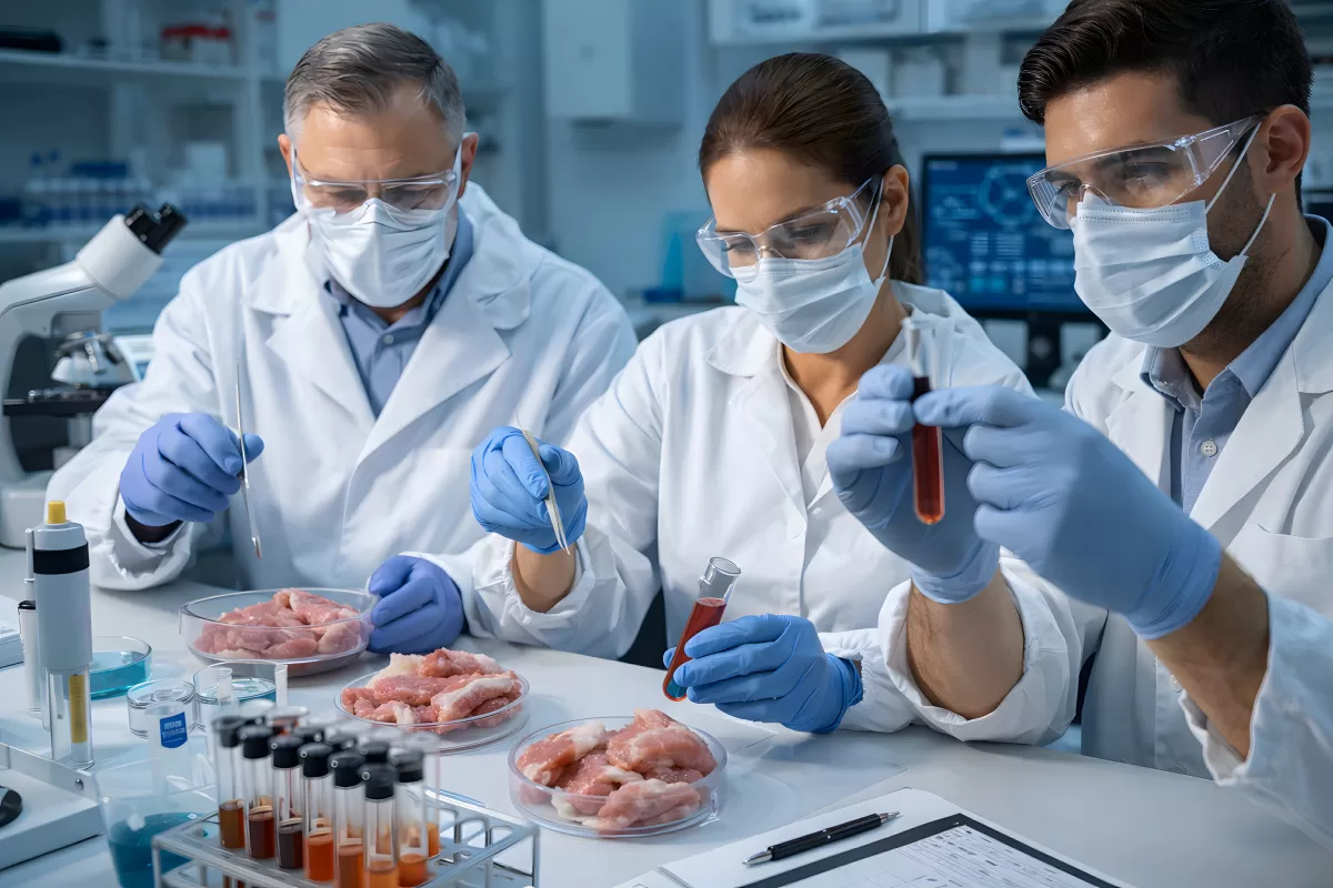 Wissenschaftler untersuchen Fleischproben im Labor
