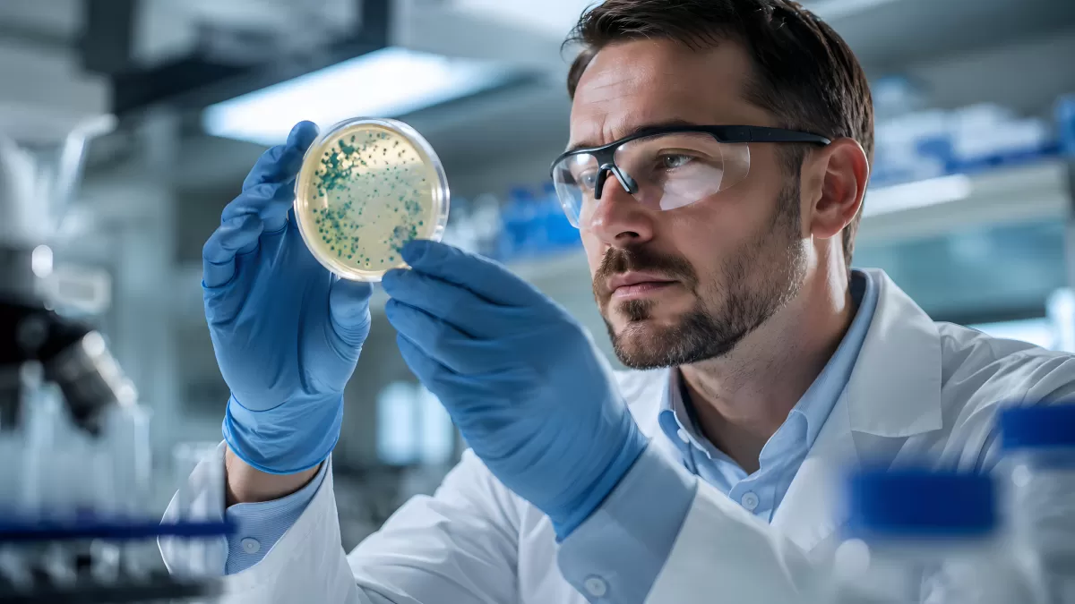 Wissenschaftler untersucht Bakterienkolonien in Petrischale