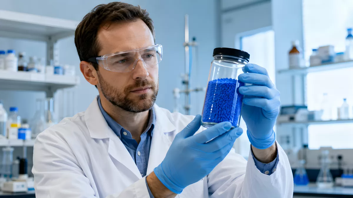 Wissenschaftler untersucht blaue Granulat-Probe im Labor
