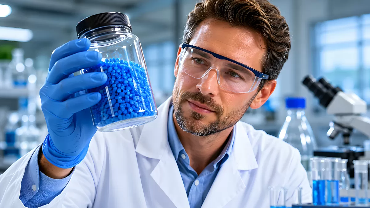 Wissenschaftler untersucht blaue Kunststoffgranulat-Probe
