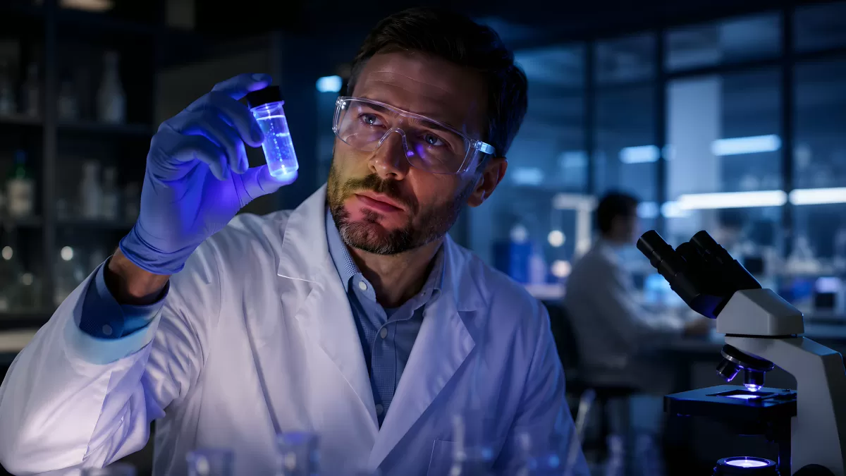Wissenschaftler untersucht leuchtende Probe im Labor