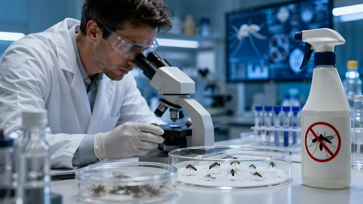 Wissenschaftler untersucht Mücken im Labor unter Mikroskop