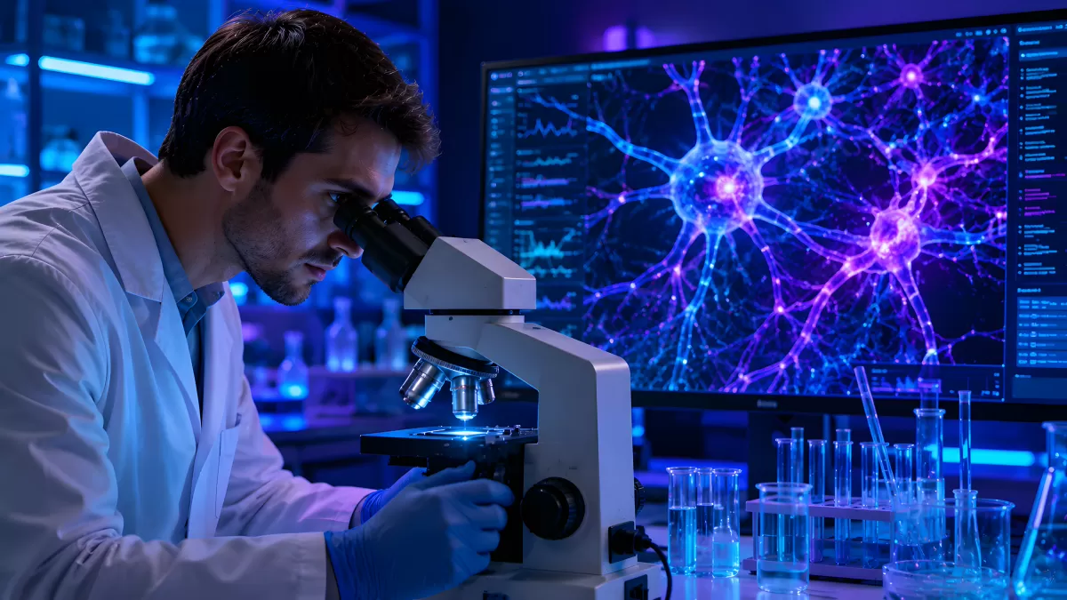 Wissenschaftler untersucht Nervenzellen am Mikroskop