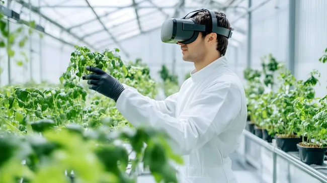 Wissenschaftler untersucht Pflanzen im Gewächshaus mit VR-Brille