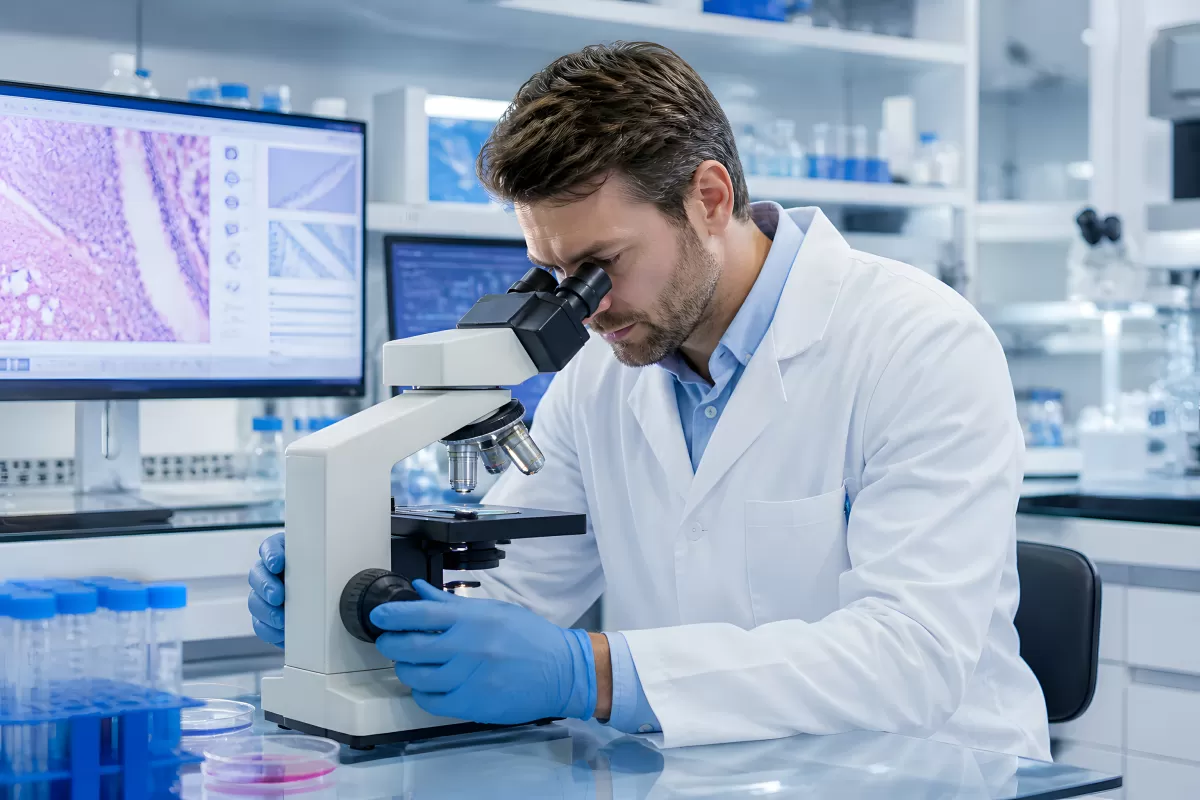 Wissenschaftler untersucht Probe unter Mikroskop im Labor
