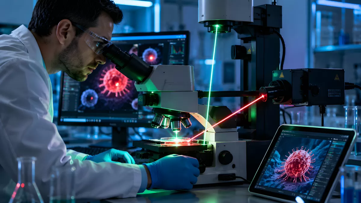 Wissenschaftler untersucht Viren mit Laser-Mikroskop