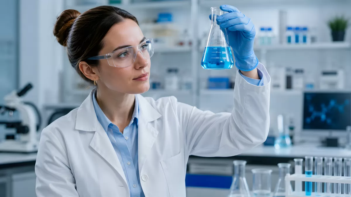 Wissenschaftlerin analysiert blaue Flüssigkeit im Labor