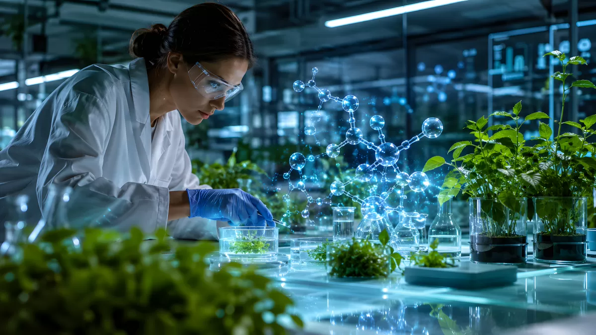 Wissenschaftlerin analysiert Pflanzenproben im Labor