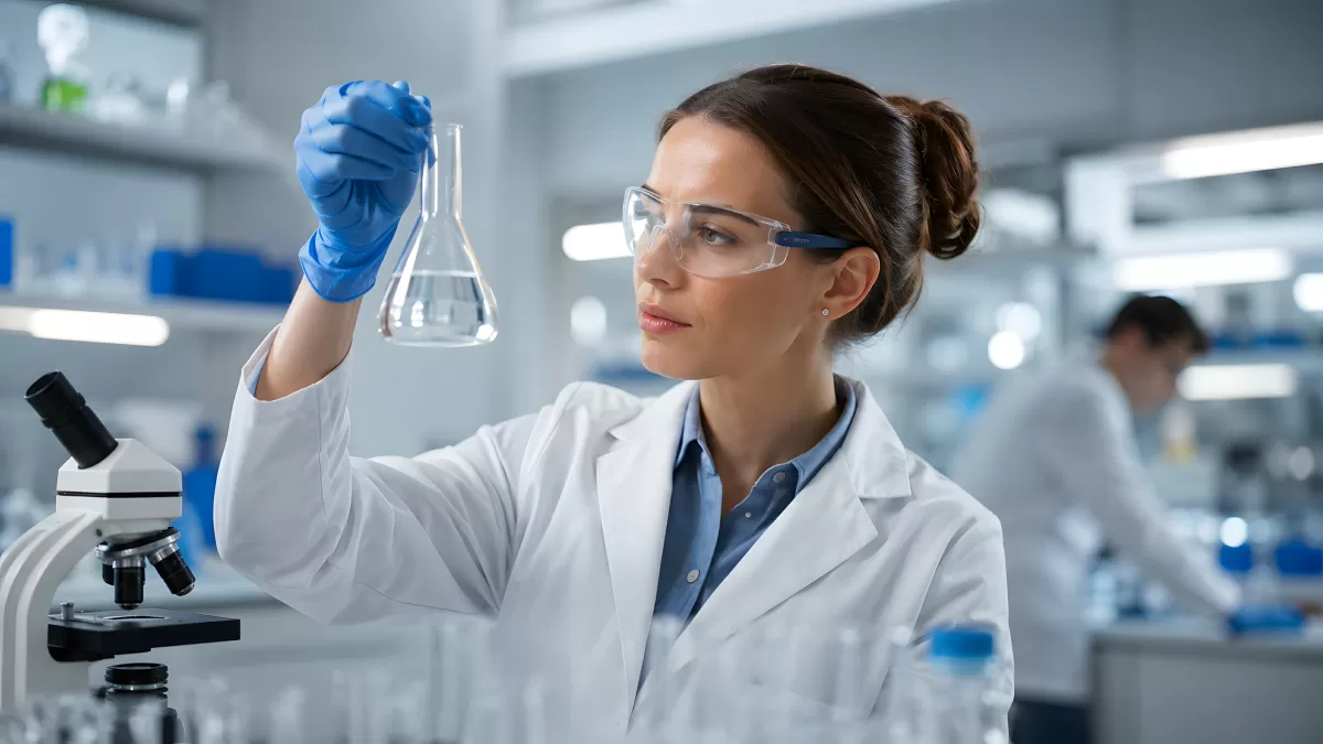 Wissenschaftlerin betrachtet Erlenmeyerkolben im Labor
