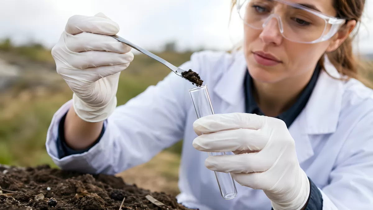 Wissenschaftlerin entnimmt Bodenprobe im Freiland