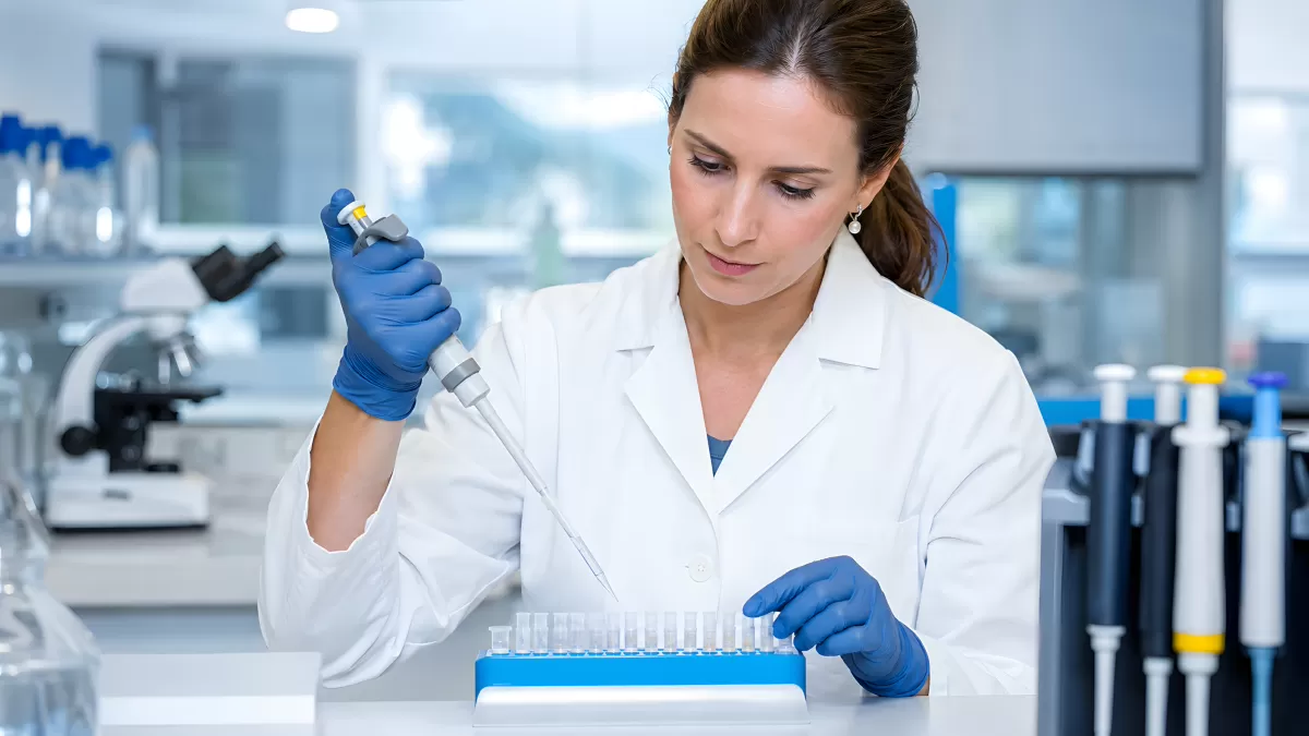 Wissenschaftlerin füllt Proben in Reagenzgläser