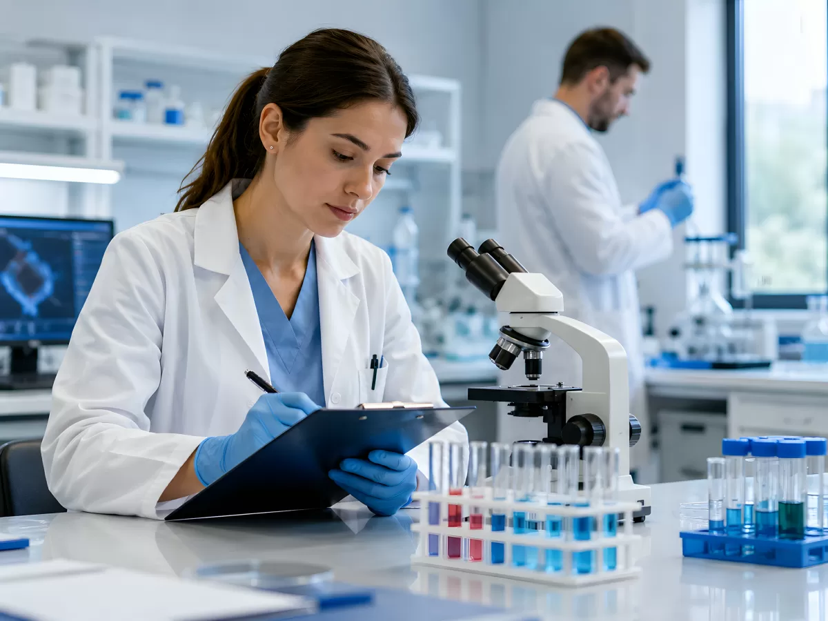 Wissenschaftlerin notiert Ergebnisse im modernen Labor