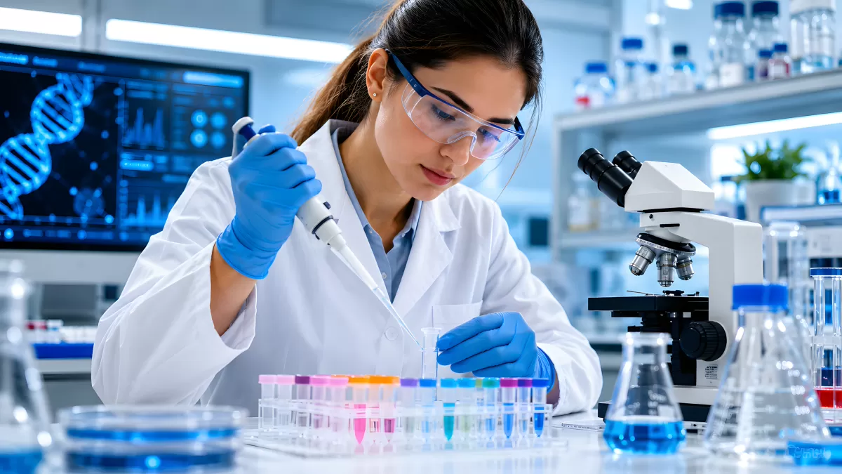 Wissenschaftlerin pipettiert Proben im modernen Labor