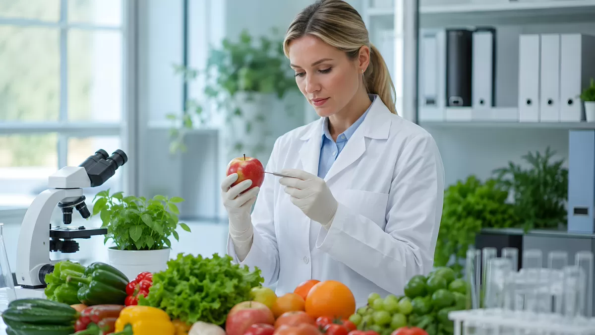 Wissenschaftlerin untersucht Apfel im Lebensmittellabor
