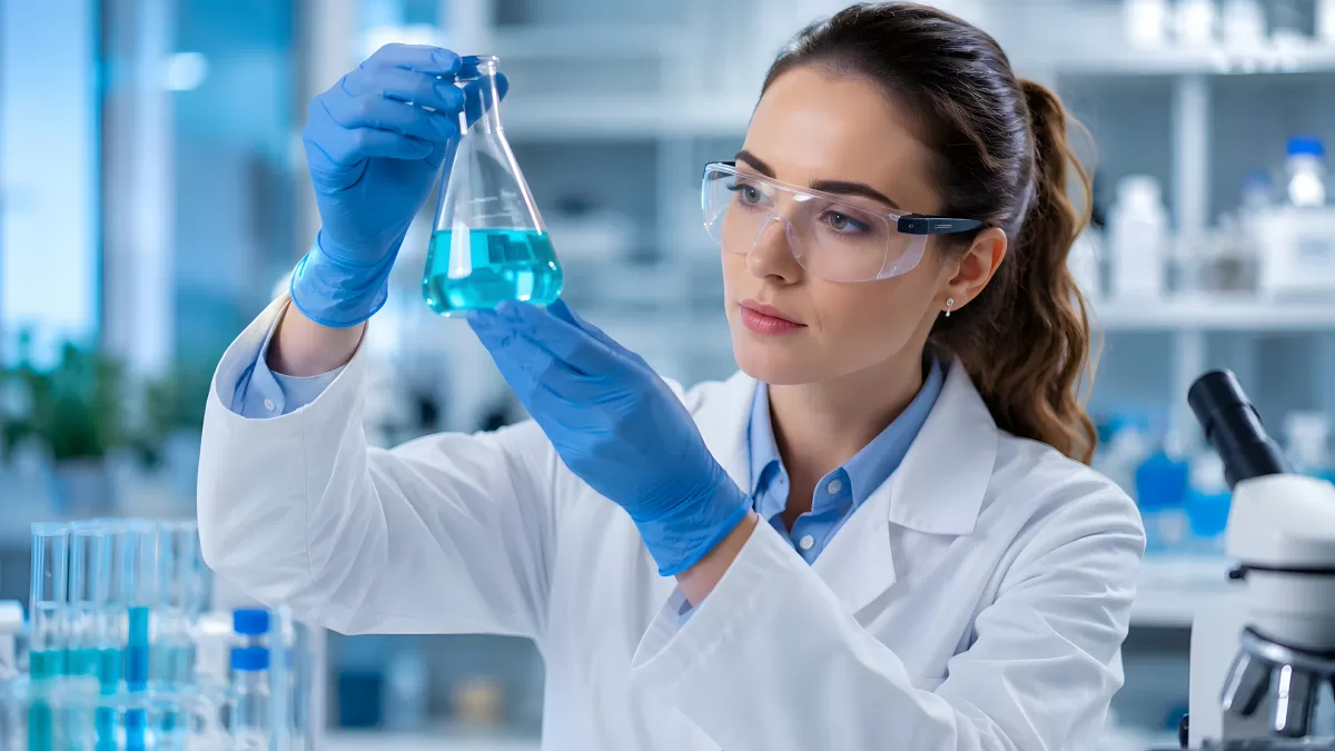 Wissenschaftlerin untersucht blaue Flüssigkeit im Labor