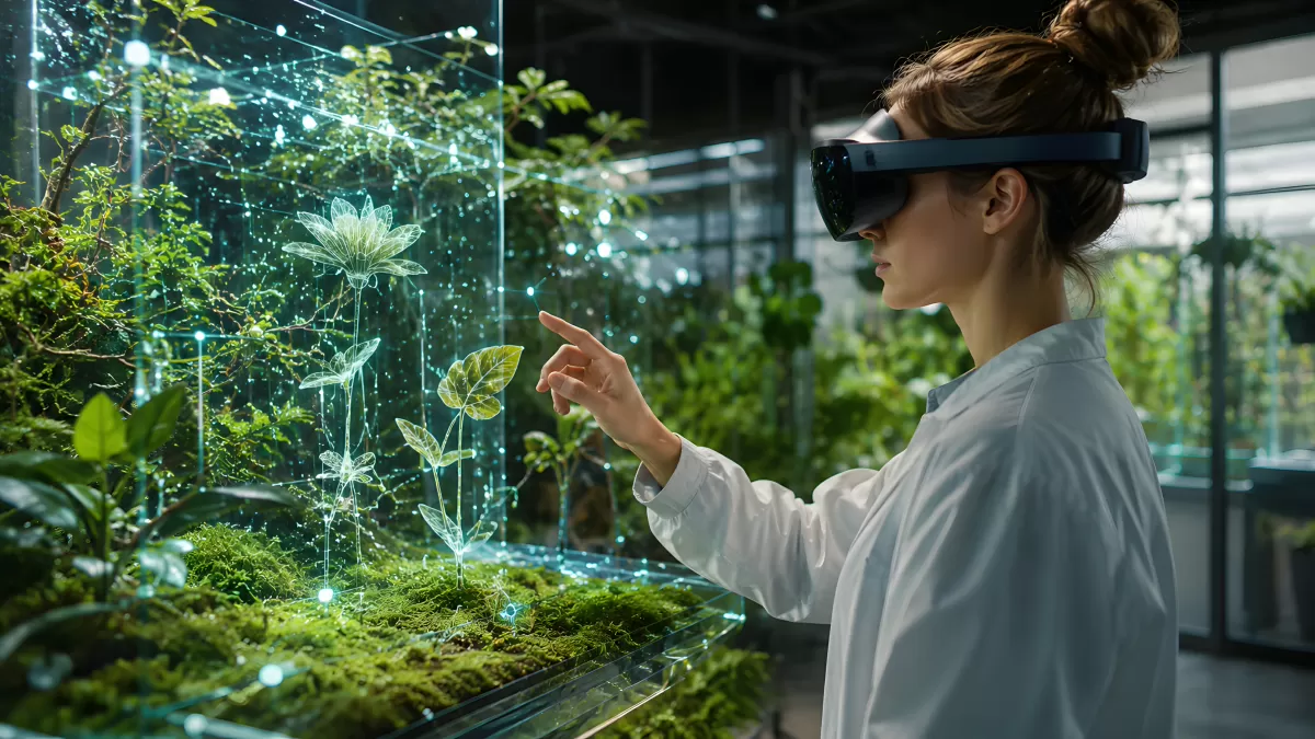 Wissenschaftlerin untersucht Hologramm einer Pflanze im Labor