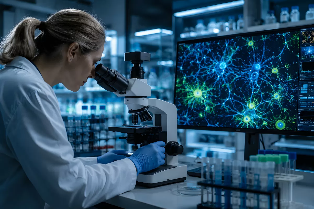 Wissenschaftlerin untersucht Neuronen unter dem Mikroskop