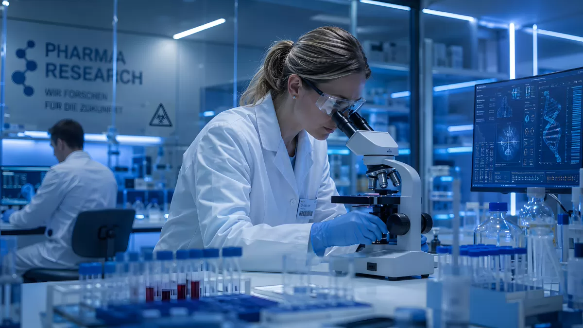 Wissenschaftlerin untersucht Probe im Pharmolabor
