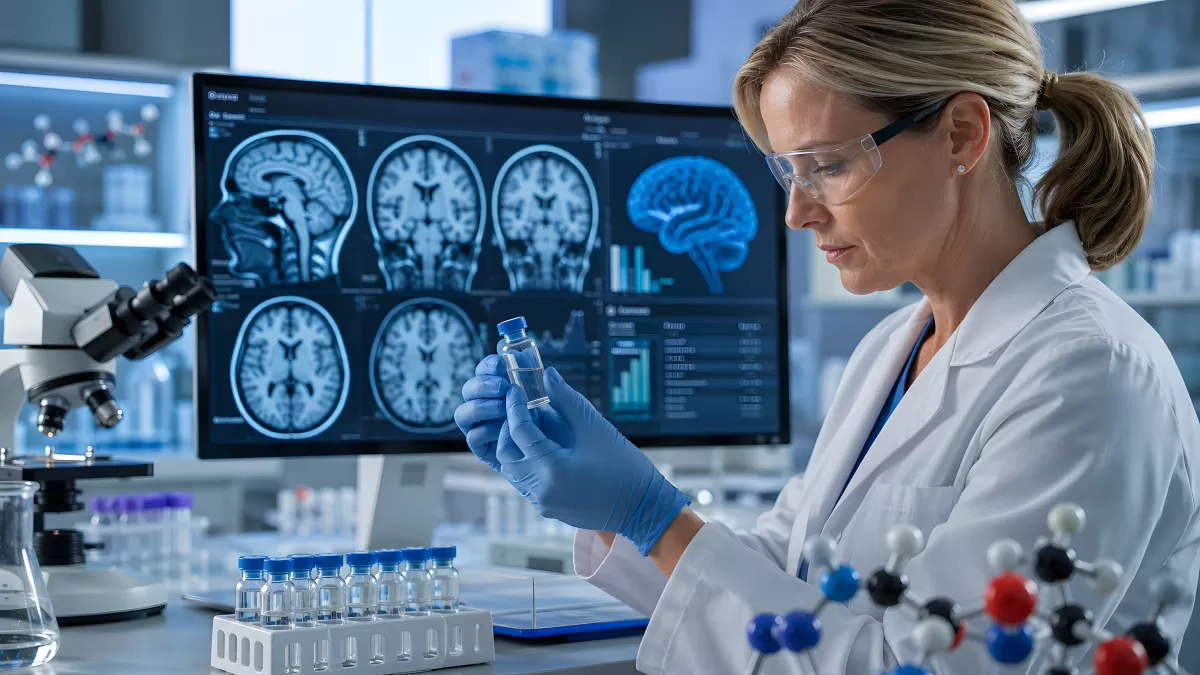 Wissenschaftlerin untersucht Probe in Neurowissenschaftslabor