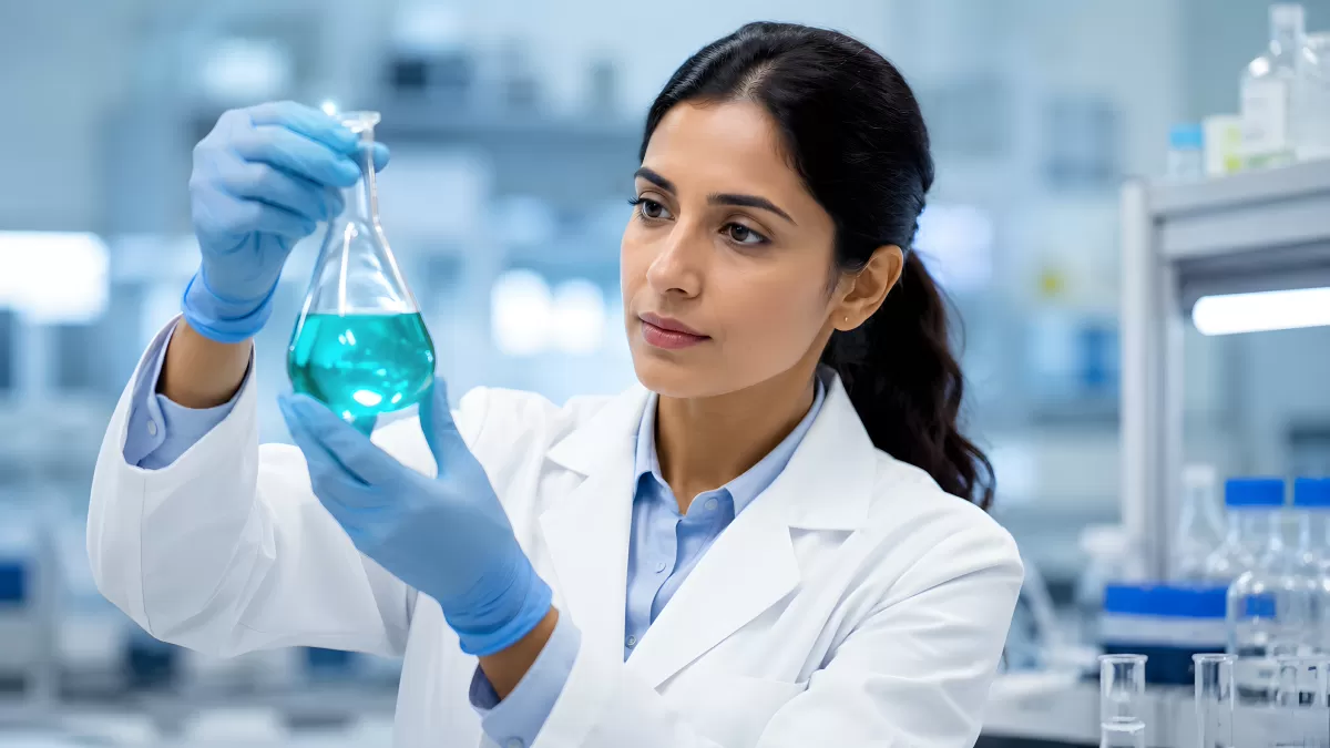 Wissenschaftlerin untersucht Reagenzglas im Labor