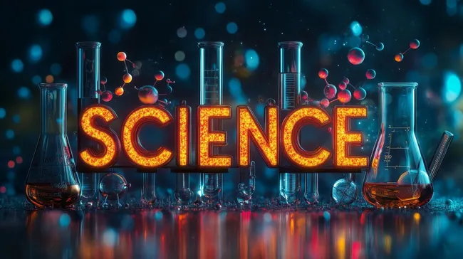 Wissenschaftliche Glasgeräte und leuchtende SCIENCE-Schrift