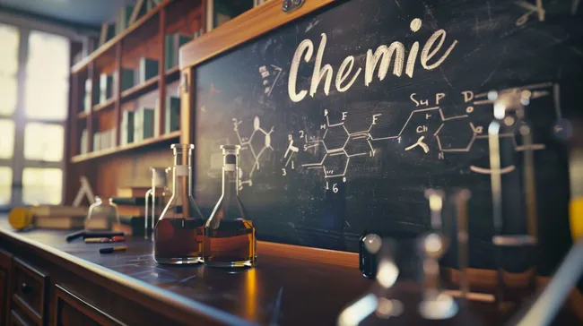 Wissenschaftliches Labor mit Chemikalien und Tafel