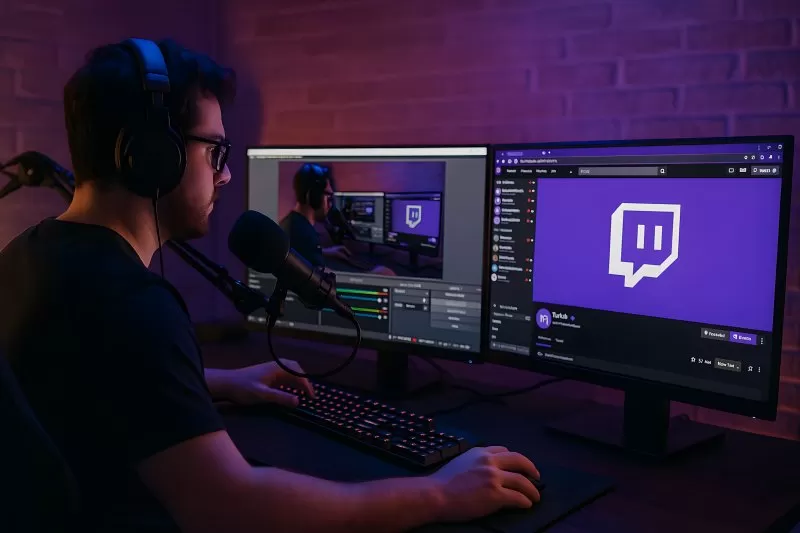 witch streamer in studio with OBS and dual screens