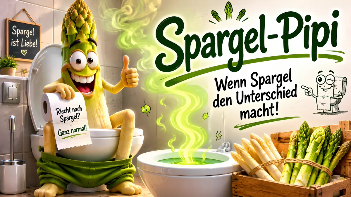 Witzige Spargel-Figur auf Toilette mit Spargel-Pipi-Schriftzug