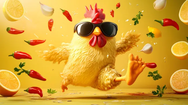 Witziges Hühnchen mit Sonnenbrille und bunten Chilis