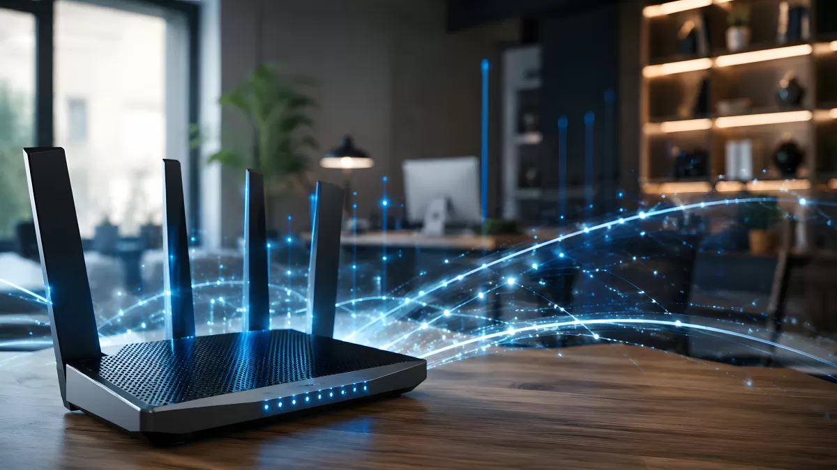 WLAN-Router mit leuchtenden Datenstrahlen im Büro
