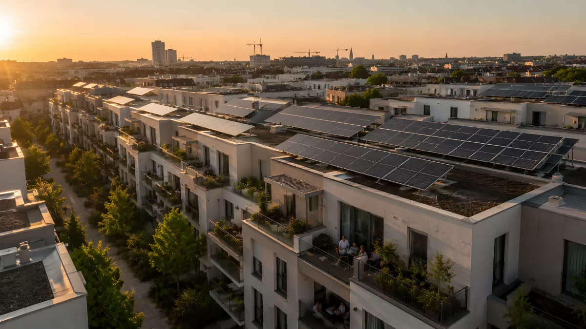 Wohnanlage mit Solaranlage bei Sonnenuntergang
