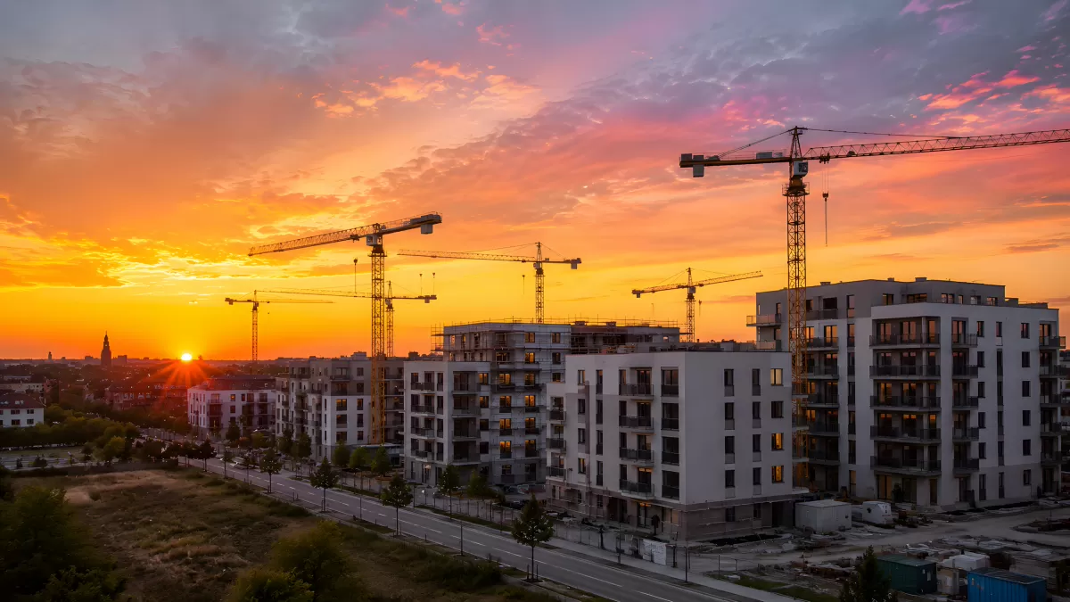 Wohngebäude im Bau bei farbenprächtigen Sonnenuntergang